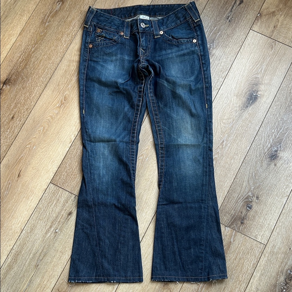 True Religion Joey Jeans Womens 28 Blue Flare Low Rise Stitch USA